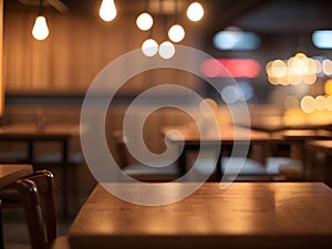 Wood table top with blur coffee shop, cafe or restaurant background, Table Top And Blur Interior of Background