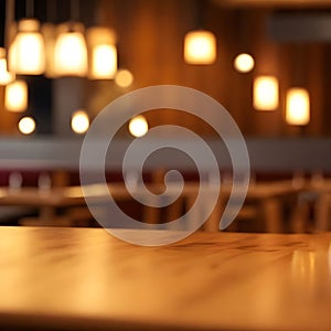 Wood table top with blur coffee shop, cafe or restaurant background, Table Top And Blur Interior of Background