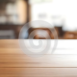 Wood table top with blur coffee shop, cafe or restaurant background, Table Top And Blur Interior of Background