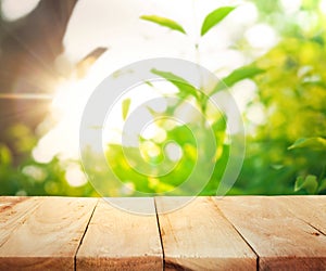 Wood table top and blur of fresh green bokeh from garden