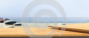 Wood table top and blur Holidays Sea - Sky background.panoramic banner - can be used for display or montage your products.Summer