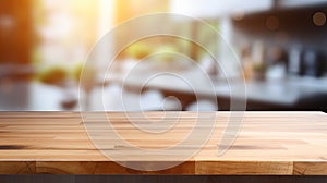 Wood table top on blur kitchen counter background