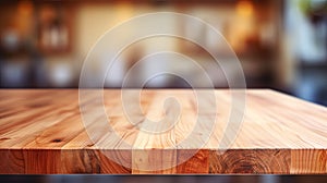 Wood table top on blur kitchen counter background