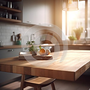 Wood table top on blur kitchen counter background. For montage product display or design visual layout. generative ai