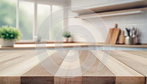 Wood table top on blur kitchen counter (room)background