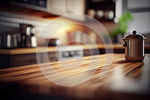 Wood table top on blur kitchen counter (room) in background . copy spacy for product. AI Generative