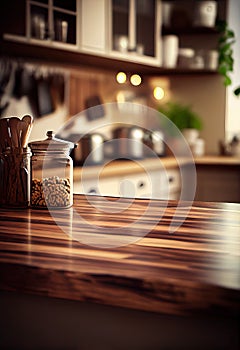 Wood table top on blur kitchen counter (room) in background . copy spacy for product. AI Generative