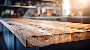 Wood table top on blur kitchen room background. For montage product display or design key visual layout, generative ai