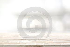 Wood table top on blur kitchen shelf background