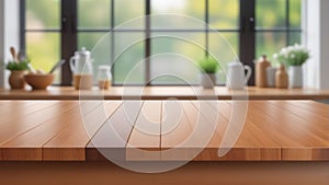 Wood table top on blur kitchen window background