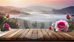 Wood table top on blur misty morning with pink rose flower. AI Generated