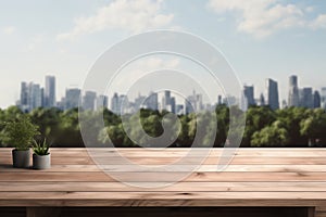 Wood table top on blur modern city background. For montage product display or design key visual layout background