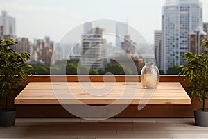 Wood table top on blur modern city background. For montage product display or design key visual layout background