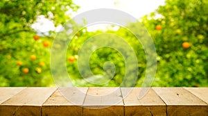 Wood table top with blur of orange farm in the morning