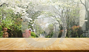 Wood table top on blur sakura flower in garden background.nature