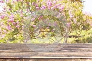 wood table top on blur trees with pink flowers background