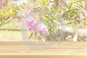 wood table top on blur trees with pink flowers background