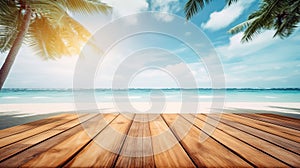 Wood table top on blur tropical beach background - can be used for display or montage your products. Generative AI