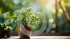 Wood table top on blur of window with garden flower background in morning. AI Generative