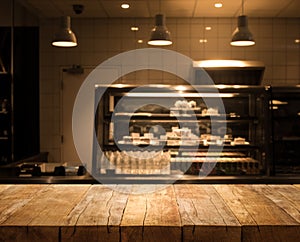 Wood table top on blurred of counter cafe shop with light bulb