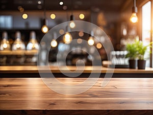 Wood table top on blurred of counter cafe shop with light bulb Background