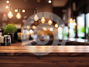 Wood table top on blurred of counter cafe shop with light bulb Background