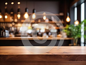 Wood table top on blurred of counter cafe shop with light bulb Background