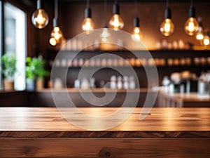 Wood table top on blurred of counter cafe shop with light bulb Background
