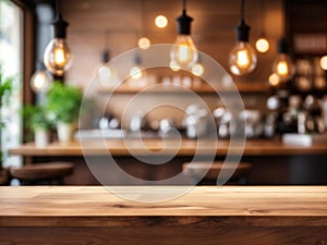 Wood table top on blurred of counter cafe shop with light bulb Background