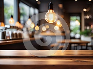 Wood table top on blurred of counter cafe shop with light bulb Background