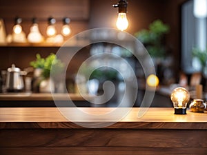 Wood table top on blurred of counter cafe shop with light bulb Background