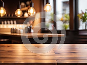 Wood table top on blurred of counter cafe shop with light bulb Background