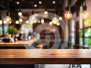 Wood table top on blurred of counter cafe shop with light bulb Background