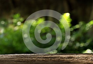 Wood table top on blurred green background