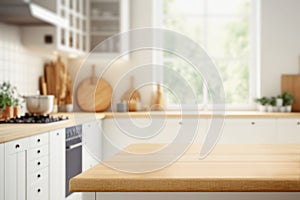 Wood table top on blurred kitchen background. can be used mock up for montage products display or design layout