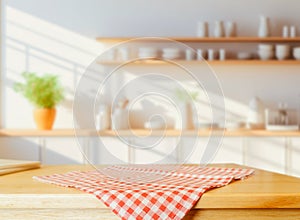 Wood table top on blurred kitchen background. can be used mock up for montage products display or design layout