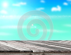 Wood table top with blurred sea,sun and beach at background, Mock up template for display or montage of your product, Summer