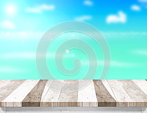 Wood table top with blurred sea,sun and beach at background, Mock up template for display or montage of your product, Summer