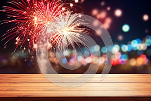 Wood table top on bokeh background with fireworks and space ready for product montage