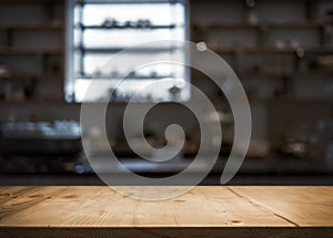 Wood table top counter of cafe or kitchen shop