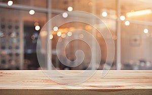 Wood table top with light gold cafe,restaurant background photo