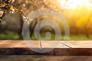 Wood table top with lights bokeh , Empty wooden for montage or display your products covered with garden blurred bokeh background.