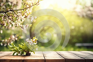 Wood table top with lights bokeh , Empty wooden for montage or display your products covered with garden blurred bokeh background.