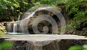 Wood table top podium floor in outdoor waterfall green tropical forest nature background.Natural water product present placement