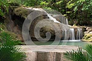 Wood table top podium floor in outdoor waterfall green tropical forest nature background.Natural water product present placement