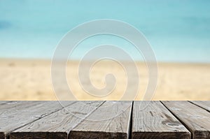 Wood table top sea and beach