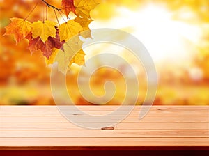 Wood table top on shiny bokeh gold background - can be used for display or montage your products