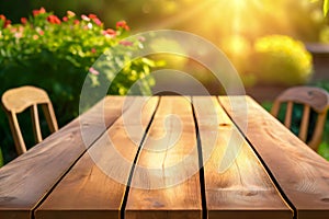 Wood table top on soft focus green garden with flower background. For montage product display.