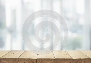 Wood table top on white abstract background form department store