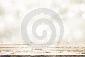 Wood table top on white bokeh abstract background